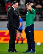 19 October 2019; Ireland head coach Joe Schmidt, right, greets New Zealand head coach Steve Hansen prior to the 2019 Rugby World Cup Quarter-Final match between New Zealand and Ireland at the Tokyo Stadium in Chofu, Japan. Photo by Brendan Moran/Sportsfile