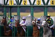 22 October 2019; Runners and riders, from left, Sweet Justice, with Killian Leonard up, Auma, with Kevin Manning up, Moondrop, with Ben Coen up, and Cobb and Co, with Joey Sheridan up, leave the stalls at the start of the Curragh Training Grounds Nursery Handicap during the Curragh Season Finale at the Curragh Racecourse in Kildare. Photo by Seb Daly/Sportsfile