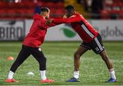 22 October 2019; Conor Davis and Junior Ogedi-Uzokwe of Derry City during warm up before the SSE Airtricity League Premier Division match between Derry City and St Patrick's Athletic at Ryan McBride Brandywell Stadium in Derry. Photo by Oliver McVeigh/Sportsfile