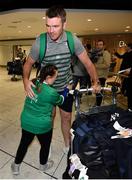 22 October 2019; Peter O'Mahony is greeted by supporter Jennifer Malone on the Ireland Rugby Team's return at Dublin Airport from the Rugby World Cup. Photo by David Fitzgerald/Sportsfile