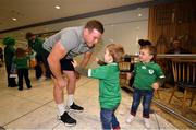 22 October 2019; Seán Cronin is greeted by his sons Finn and Cillian on the Ireland Rugby Team's return at Dublin Airport from the Rugby World Cup. Photo by David Fitzgerald/Sportsfile