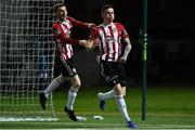 22 October 2019; David Parkhouse of Derry City, right, celebrates with team-mate Jamie McDonagh after scoring his side's first goal during the SSE Airtricity League Premier Division match between Derry City and St Patrick's Athletic at Ryan McBride Brandywell Stadium in Derry. Photo by Oliver McVeigh/Sportsfile