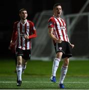22 October 2019; David Parkhouse of Derry City, right, celebrates after scoring his side's first goal during the SSE Airtricity League Premier Division match between Derry City and St Patrick's Athletic at Ryan McBride Brandywell Stadium in Derry. Photo by Oliver McVeigh/Sportsfile
