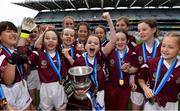 23 October 2019; Hannah Galvin of Presentation PS, Terenure, centre, and her team-mates celebrate after beating Mount Anville PS, Kilmacud, in the Corn Comhar Linn Cup Final during day two of the Allianz Cumann na mBunscol Finals at Croke Park in Dublin. Photo by Piaras Ó Mídheach/Sportsfile