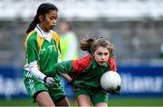 23 October 2019; Holly Garry of St Raphaela's PS, Stillorgan, in action against Sophie Tapiz of Our Lady Queen of the Apostles NS, Clonburris, in the Corn na Chladaigh Shield Final during day two of the Allianz Cumann na mBunscol Finals at Croke Park in Dublin. Photo by Piaras Ó Mídheach/Sportsfile