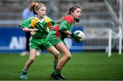 23 October 2019; Holly Garry of St Raphaela's PS, Stillorgan, in action against Madison Farrell O'Neill of Our Lady Queen of the Apostles NS, Clonburris, in the Corn na Chladaigh Shield Final during day two of the Allianz Cumann na mBunscol Finals at Croke Park in Dublin. Photo by Piaras Ó Mídheach/Sportsfile