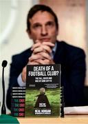 23 October 2019; A general view of a Neal Horgan book in front of FAI General Manager Noel Mooney in attendance during The Cross Roads Book Launch at the FAI Offices, National Sports Campus in Abbotstown, Dublin. Photo by Harry Murphy/Sportsfile