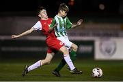 23 October 2019; Luke Nolan of Bray Wanderers and Rhys Bartley of St Patrick's Athletic during the SSE Airtricity U13 League Final between Bray Wanderers and St Patrick's Athletic at Carlisle Grounds in Bray, Co Wicklow. Photo by Stephen McCarthy/Sportsfile