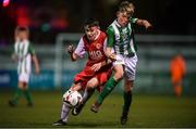 23 October 2019; Rhys Bartley of St Patrick's Athletic and Hugh Parker of Bray Wanderers during the SSE Airtricity U13 League Final between Bray Wanderers and St Patrick's Athletic at Carlisle Grounds in Bray, Co Wicklow. Photo by Stephen McCarthy/Sportsfile