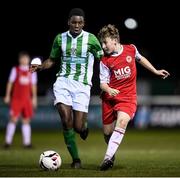23 October 2019; Matthew O'Hara of St Patrick's Athletic and Daniel Isichei of Bray Wanderers during the SSE Airtricity U13 League Final between Bray Wanderers and St Patrick's Athletic at Carlisle Grounds in Bray, Co Wicklow. Photo by Stephen McCarthy/Sportsfile