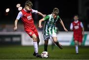 23 October 2019; Hugh Parker of Bray Wanderers and Luke Kehir of St Patrick's Athletic during the SSE Airtricity U13 League Final between Bray Wanderers and St Patrick's Athletic at Carlisle Grounds in Bray, Co Wicklow. Photo by Stephen McCarthy/Sportsfile
