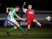 23 October 2019; Hugh Parker of Bray Wanderers and Rhys Bartley of St Patrick's Athletic during the SSE Airtricity U13 League Final between Bray Wanderers and St Patrick's Athletic at Carlisle Grounds in Bray, Co Wicklow. Photo by Stephen McCarthy/Sportsfile