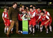 23 October 2019; Luke Murphy of SSE Airtricity presents the trophy following the SSE Airtricity U13 League Final between Bray Wanderers and St Patrick's Athletic at Carlisle Grounds in Bray, Co Wicklow. Photo by Stephen McCarthy/Sportsfile