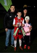 23 October 2019; Dane Mahon of St Patrick's Athletic and family following the SSE Airtricity U13 League Final between Bray Wanderers and St Patrick's Athletic at Carlisle Grounds in Bray, Co Wicklow. Photo by Stephen McCarthy/Sportsfile