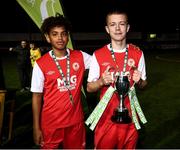 23 October 2019; Tyreik Sammy, left, and Seán Hayden of St Patrick's Athletic following the SSE Airtricity U13 League Final between Bray Wanderers and St Patrick's Athletic at Carlisle Grounds in Bray, Co Wicklow. Photo by Stephen McCarthy/Sportsfile