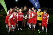 23 October 2019; Luke Murphy of SSE Airtricity presents the trophy to St Patrick's Athletic following the SSE Airtricity U13 League Final between Bray Wanderers and St Patrick's Athletic at Carlisle Grounds in Bray, Co Wicklow. Photo by Stephen McCarthy/Sportsfile