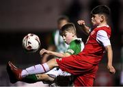23 October 2019; Dane Mahon of St Patrick's Athletic and Ronan Langan of Bray Wanderers during the SSE Airtricity U13 League Final between Bray Wanderers and St Patrick's Athletic at Carlisle Grounds in Bray, Co Wicklow. Photo by Stephen McCarthy/Sportsfile