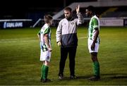 23 October 2019; Bray Wanderers coach Conor Canavan speaks with Ronan Langan and Daniel Isichei, right, during the SSE Airtricity U13 League Final between Bray Wanderers and St Patrick's Athletic at Carlisle Grounds in Bray, Co Wicklow. Photo by Stephen McCarthy/Sportsfile