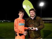 23 October 2019; Derry Moloney of Bray Wanderers is presented with the player of the match award by Luke Murphy of SSE Airtricity during the SSE Airtricity U13 League Final between Bray Wanderers and St Patrick's Athletic at Carlisle Grounds in Bray, Co Wicklow. Photo by Stephen McCarthy/Sportsfile