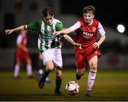 23 October 2019; Matthew O'Hara of St Patrick's Athletic and Ronan Langan of Bray Wanderers during the SSE Airtricity U13 League Final between Bray Wanderers and St Patrick's Athletic at Carlisle Grounds in Bray, Co Wicklow. Photo by Stephen McCarthy/Sportsfile