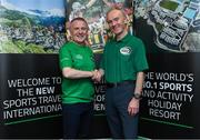 24 October 2019; From small beginnings to a big future. A celebration to the future of Sports Travel International. Chris Bird, CEO of Sports Travel International, left, and Martin Joyce, Tour Director of Sports Travel International, during the Sports Travel International launch celebration at the Conrad Hotel in Dublin. Photo by Matt Browne/Sportsfile