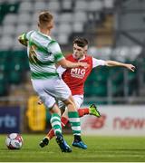 24 October 2019; Jack O'Reilly of St Patricks Athletic scores his side's first goal of the game despite the efforts of Ben Curtis of Shamrock Rovers during the SSE Airtricity Under-15 League Final match between Shamrock Rovers and St. Patrick's Athletic at Tallaght Stadium in Dublin. Photo by Eóin Noonan/Sportsfile