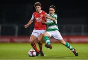 24 October 2019; Kelvin Burke of St Patricks Athletic in action against Michael Leddy of Shamrock Rovers during the SSE Airtricity Under-15 League Final match between Shamrock Rovers and St. Patrick's Athletic at Tallaght Stadium in Dublin. Photo by Eóin Noonan/Sportsfile