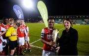 24 October 2019; Áine Plunkett, Lead marketing manager with SSE Airtricity, presents the trophy to Glory Nzingo of St Patricks Athletic following the SSE Airtricity Under-15 League Final match between Shamrock Rovers and St. Patrick's Athletic at Tallaght Stadium in Dublin. Photo by Eóin Noonan/Sportsfile