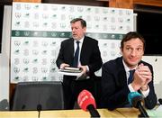 25 October 2019; FAI President Donal Conway, left, and FAI General Manager Noel Mooney arrive for a FAI Council Meeting press conference at FAI Headquarters in Abbotstown, Dublin. Photo by Stephen McCarthy/Sportsfile