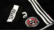 25 October 2019; The captains armband and shorts of Bohemians captain Derek Pender is seen in the dressing-room prior to the SSE Airtricity League Premier Division match between Bohemians and Sligo Rovers at Dalymount Park in Dublin. Photo by Harry Murphy/Sportsfile