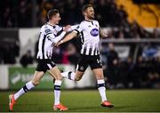 25 October 2019; Dane Massey, right, celebrates with his Dundalk team-mate Daniel Kelly, left, after scoring his side's  opening goal during the SSE Airtricity League Premier Division match between Dundalk and St Patrick's Athletic at Oriel Park in Dundalk, Co Louth. Photo by Stephen McCarthy/Sportsfile