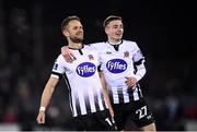 25 October 2019; Dane Massey celebrates with his Dundalk team-mate Daniel Kelly, right, after scoring his side's  opening goal during the SSE Airtricity League Premier Division match between Dundalk and St Patrick's Athletic at Oriel Park in Dundalk, Co Louth. Photo by Stephen McCarthy/Sportsfile