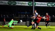 25 October 2019; Stephen McGuinness of Cabinteely saves a shot on goal by Chris Lyons of Drogheda United during the SSE Airtricity League First Division Promotion / Relegation Play-off Series 2nd Leg between Drogheda United and Cabinteely at United Park in Drogheda, Co. Louth. Photo by Eóin Noonan/Sportsfile