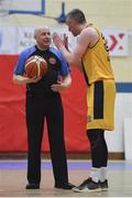 25 October 2019; Colin O'Reilly of Keane’s Supervalu Killorglin disputes a call with referee Martin McGettrick during the Hula Hoops Pat Duffy Men's National Cup 1st Round match between Keane’s Supervalu Killorglin and Garvey’s Tralee Warriors at Killorglin Sports Centre in Killorglin, Kerry. Photo by Brendan Moran/Sportsfile