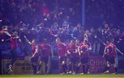 25 October 2019; Chris Lyons of Drogheda United, extreme right, celebrates with team-mates and supporters after scoring his side's fourth goal of the game during the SSE Airtricity League First Division Promotion / Relegation Play-off Series 2nd Leg between Drogheda United and Cabinteely at United Park in Drogheda, Co. Louth. Photo by Eóin Noonan/Sportsfile