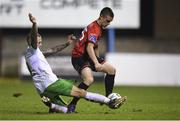 25 October 2019; Ryan O'Shea in action against Daniel Blackbyrne of Cabinteely during the SSE Airtricity League First Division Promotion / Relegation Play-off Series 2nd Leg between Drogheda United and Cabinteely at United Park in Drogheda, Co. Louth. Photo by Eóin Noonan/Sportsfile