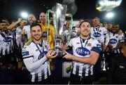 25 October 2019; Dundalk captain Brian Gartland, right, and Patrick Hoban celebrate with the SSE Airtricity League trophy following the SSE Airtricity League Premier Division match between Dundalk and St Patrick's Athletic at Oriel Park in Dundalk, Co Louth. Photo by Stephen McCarthy/Sportsfile