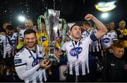 25 October 2019; Dundalk captain Brian Gartland, right, and Patrick Hoban celebrate with the SSE Airtricity League trophy following the SSE Airtricity League Premier Division match between Dundalk and St Patrick's Athletic at Oriel Park in Dundalk, Co Louth. Photo by Stephen McCarthy/Sportsfile
