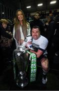 25 October 2019; Dundalk captain Brian Gartland, right, with wife Bronagh, left, and three-week-old son Bobbie, following the SSE Airtricity League Premier Division match between Dundalk and St Patrick's Athletic at Oriel Park in Dundalk, Co Louth. Photo by Stephen McCarthy/Sportsfile