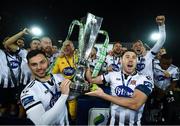 25 October 2019; Dundalk Brian Gartland, right, and Patrick Hoban celebrate with the SSE Airtricity League Premier Division trophy following the SSE Airtricity League Premier Division match between Dundalk and St Patrick's Athletic at Oriel Park in Dundalk, Co Louth. Photo by Stephen McCarthy/Sportsfile