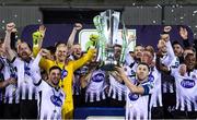 25 October 2019; Dundalk captain Brian Gartland lifts the SSE Airtricity League Premier Division trophy following the SSE Airtricity League Premier Division match between Dundalk and St Patrick's Athletic at Oriel Park in Dundalk, Co Louth. Photo by Stephen McCarthy/Sportsfile