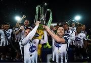 25 October 2019; Dundalk Brian Gartland, right, and Patrick Hoban celebrate with the SSE Airtricity League Premier Division trophy following the SSE Airtricity League Premier Division match between Dundalk and St Patrick's Athletic at Oriel Park in Dundalk, Co Louth. Photo by Stephen McCarthy/Sportsfile