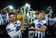 25 October 2019; Dundalk Brian Gartland, right, and Patrick Hoban celebrate with the SSE Airtricity League Premier Division trophy following the SSE Airtricity League Premier Division match between Dundalk and St Patrick's Athletic at Oriel Park in Dundalk, Co Louth. Photo by Stephen McCarthy/Sportsfile