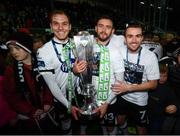 25 October 2019; Dundalk players, from left, Daniel Kelly, Dean Jarvis and Michael Duffy with the SSE Airtricity League Premier Division trophy following the SSE Airtricity League Premier Division match between Dundalk and St Patrick's Athletic at Oriel Park in Dundalk, Co Louth. Photo by Stephen McCarthy/Sportsfile