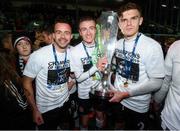 25 October 2019; Dundalk players, from left, Robbie Benson, Daniel Kelly and Seán Gannon with the SSE Airtricity League Premier Division trophy following the SSE Airtricity League Premier Division match between Dundalk and St Patrick's Athletic at Oriel Park in Dundalk, Co Louth. Photo by Stephen McCarthy/Sportsfile
