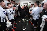 25 October 2019; Dundalk first team coach John Gill and players celebrate with the trophy following the SSE Airtricity League Premier Division match between Dundalk and St Patrick's Athletic at Oriel Park in Dundalk, Co Louth. Photo by Stephen McCarthy/Sportsfile