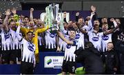 25 October 2019; Dundalk captain Brian Gartland lifts the SSE Airtricity League Premier Division trophy alongside Patrick Hoban and team-mates following the SSE Airtricity League Premier Division match between Dundalk and St Patrick's Athletic at Oriel Park in Dundalk, Co Louth. Photo by Stephen McCarthy/Sportsfile
