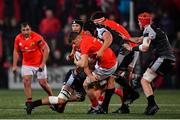 25 October 2019; Jack O'Donoghue of Munster is tackled by Lloyd Ashley, right, and Gareth Evans of Ospreys during the Guinness PRO14 Round 4 match between Munster and Ospreys at Irish Independent Park in Cork. Photo by Sam Barnes/Sportsfile