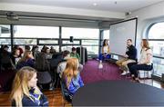 26 October 2019; Mayo footballer Keith Higgins, with Dublin footballer Ciara Trant, right, and MC Lauren Guilfoyle at the #GAAyouth Forum 2019 at Croke Park in Dublin. Photo by Matt Browne/Sportsfile