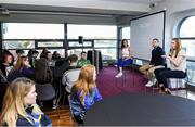 26 October 2019; Dublin footballer Ciara Trant, with Mayo footballer Keith Higgins and MC Lauren Guilfoyle at the #GAAyouth Forum 2019 at Croke Park in Dublin. Photo by Matt Browne/Sportsfile